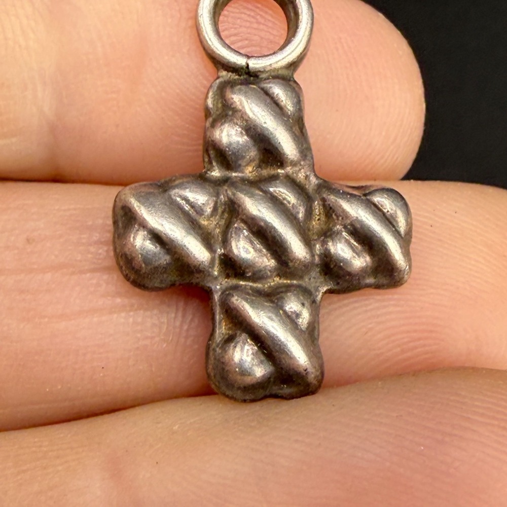 Vintage Taxco Cross Pendant Silver Textured Braided Rope Design